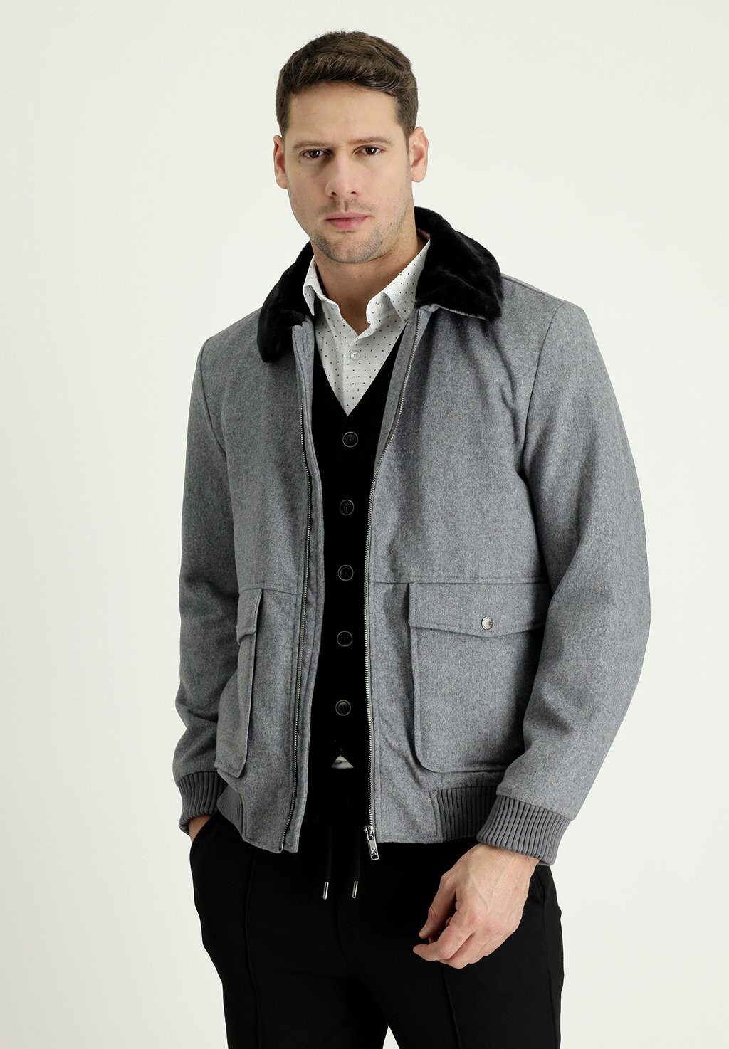 

Куртка-бомбер FUR HOODED SLIM FIT Kigili, цвет middle anrcacite melange