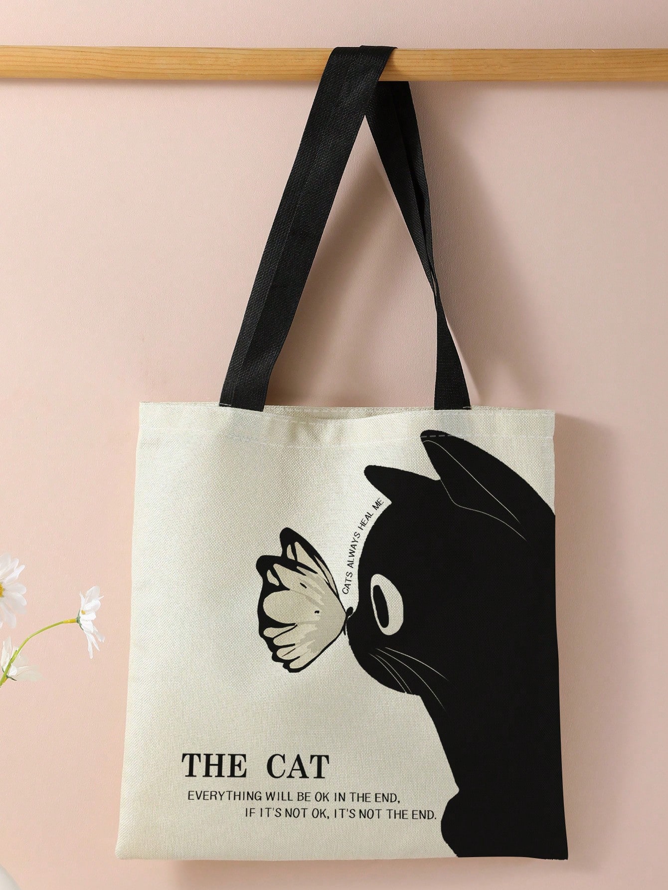 Простая льняная большая сумка через плечо с двусторонним рисунком кота в английском стиле и большой вместимостью, черный