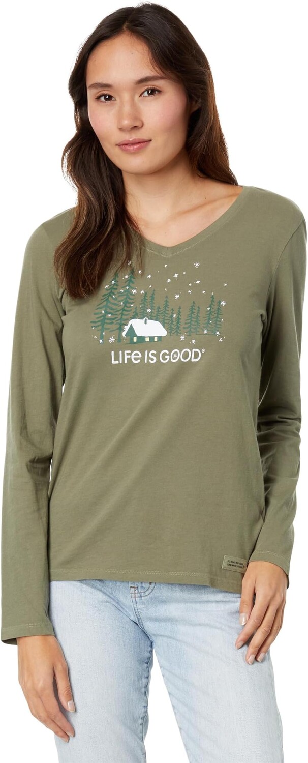 

Snowy Evening Long Sleeve Crusher-Lite Vee Life is Good, цвет Moss Green