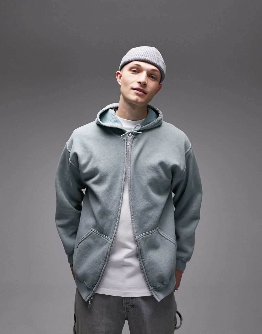 

Объемная толстовка с молнией во всю длину Topman цвета шалфея