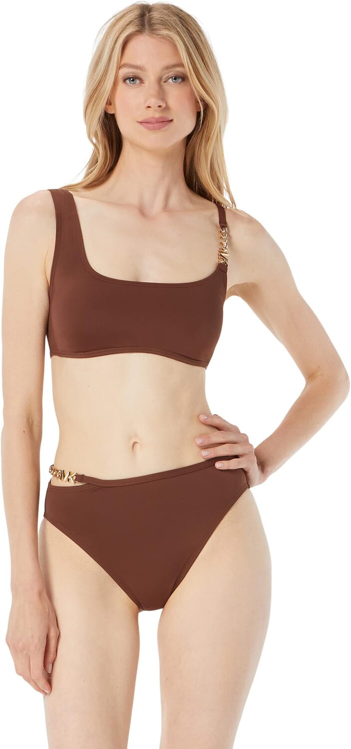 

Бикини-топ с цепочкой и логотипом Signature Solids MICHAEL Michael Kors, цвет Saddle Brown