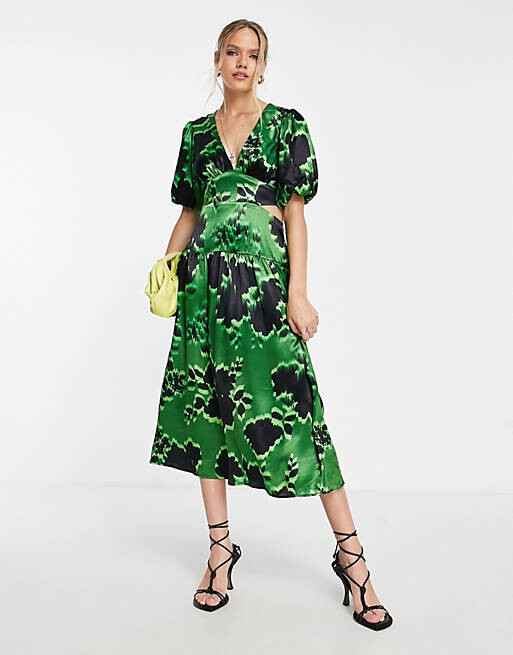

Зеленое платье миди с вырезом на талии и цветочным принтом Topshop, Зеленый