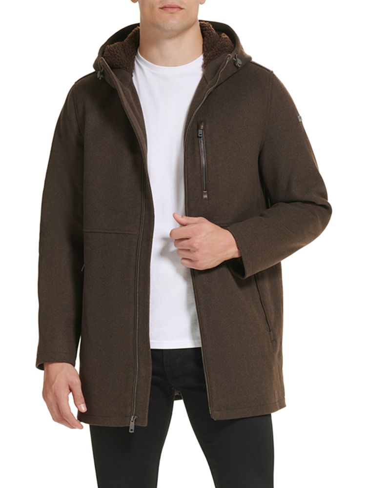 Полушерстяное пальто с капюшоном из искусственной овчины Kenneth Cole, коричневый женское пальто из искусственной овчины с капюшоном calvin klein коричневый