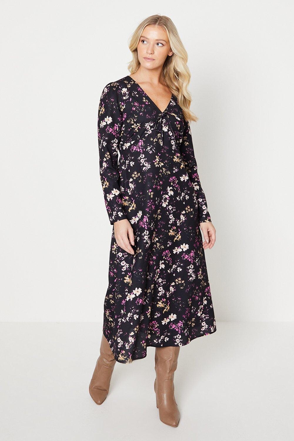 

Черное платье-миди с цветочным принтом и завязкой спереди Dorothy Perkins, мультиколор