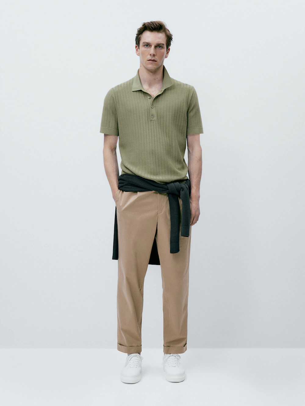 

Вертикальный трикотажный свитер поло Massimo Dutti, хаки