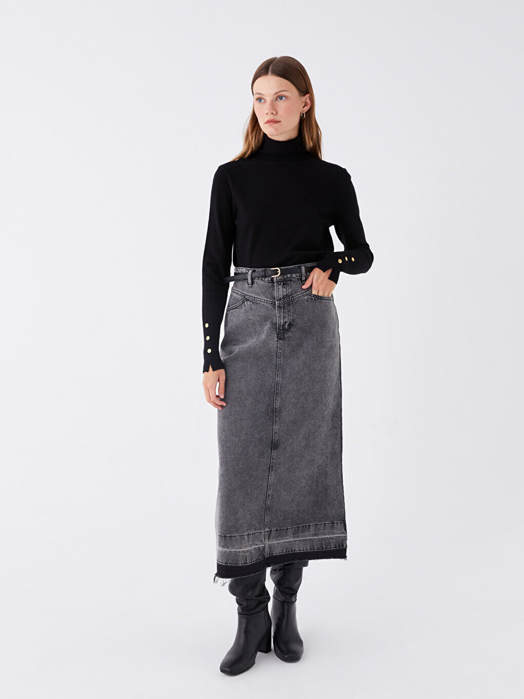 

Женская джинсовая юбка стандартного кроя LCW Modest, черное родео