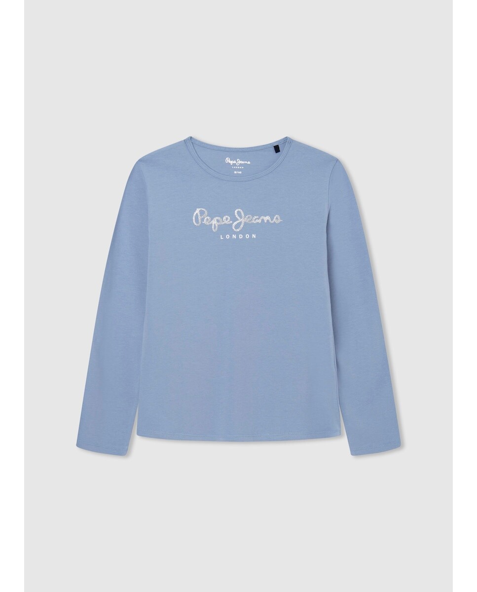 

Футболка для девочки с длинными рукавами и блестящим логотипом Pepe Jeans, светло-синий