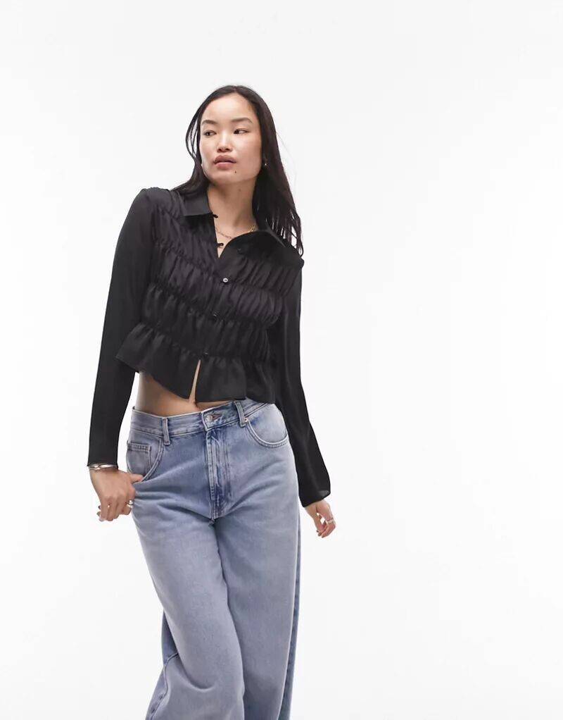 

Черная укороченная ярусная рубашка со сборками Topshop, Черный