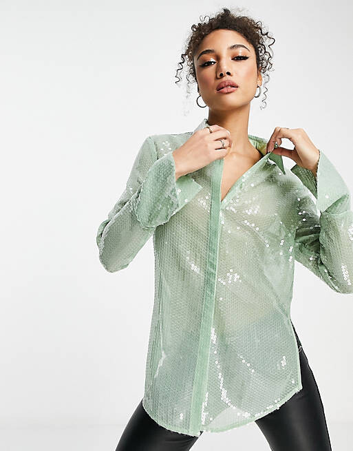 

Зеленая рубашка с пайетками ASOS DESIGN
