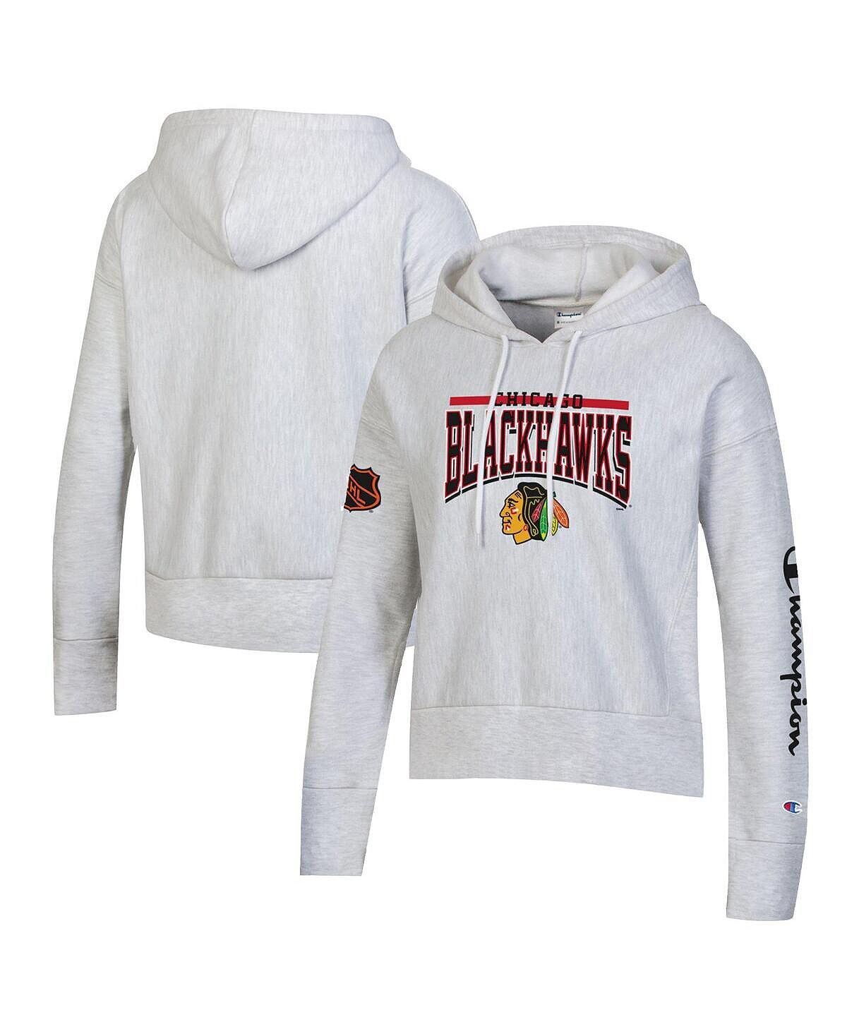 

Женский серый пуловер с капюшоном Chicago Blackhawks обратного переплетения с принтом меланжевого цвета Champion
