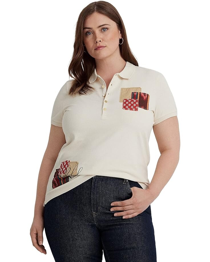 

Поло LAUREN Ralph Lauren Plus Size Patchwork Piqué, кремовый, Бежевый
