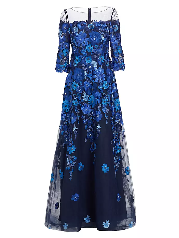 Иллюзионное платье А-силуэта с цветочной аппликацией Teri Jon By Rickie Freeman, синий кружевное платье с цветочным принтом teri jon by rickie freeman цвет blue
