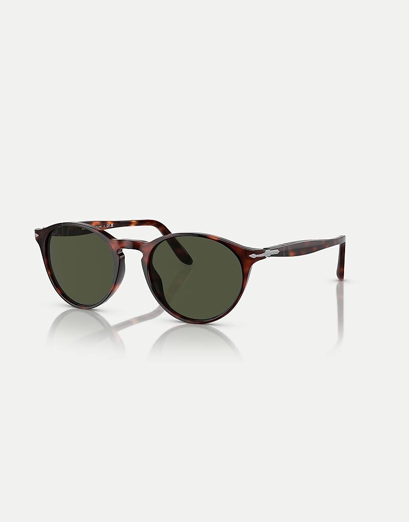 

Persol Po3092sm Темно-коричневые черепаховые круглые солнцезащитные очки с зелеными линзами