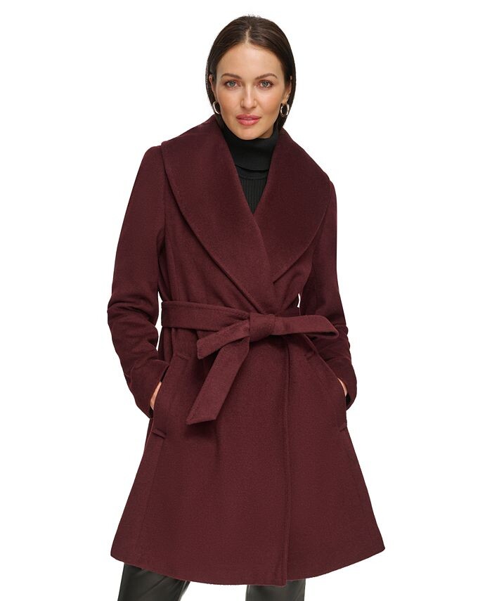 

Женское полушерстяное пальто с шалевым воротником и запахом DKNY, красный