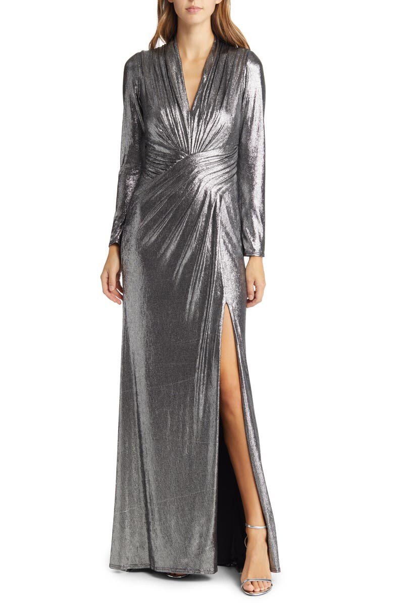 

Драпированное блестящее платье с длинными рукавами TADASHI SHOJI