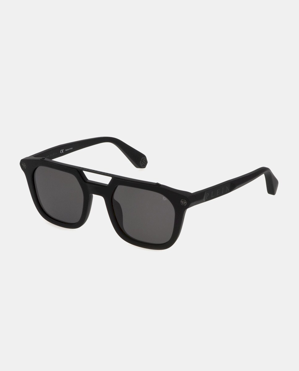 цена Мужские солнцезащитные очки в черной прямоугольной оправе с двойной перемычкой Philipp Plein, черный