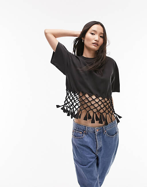 

Черная футболка Topshop в технике макраме, Черный