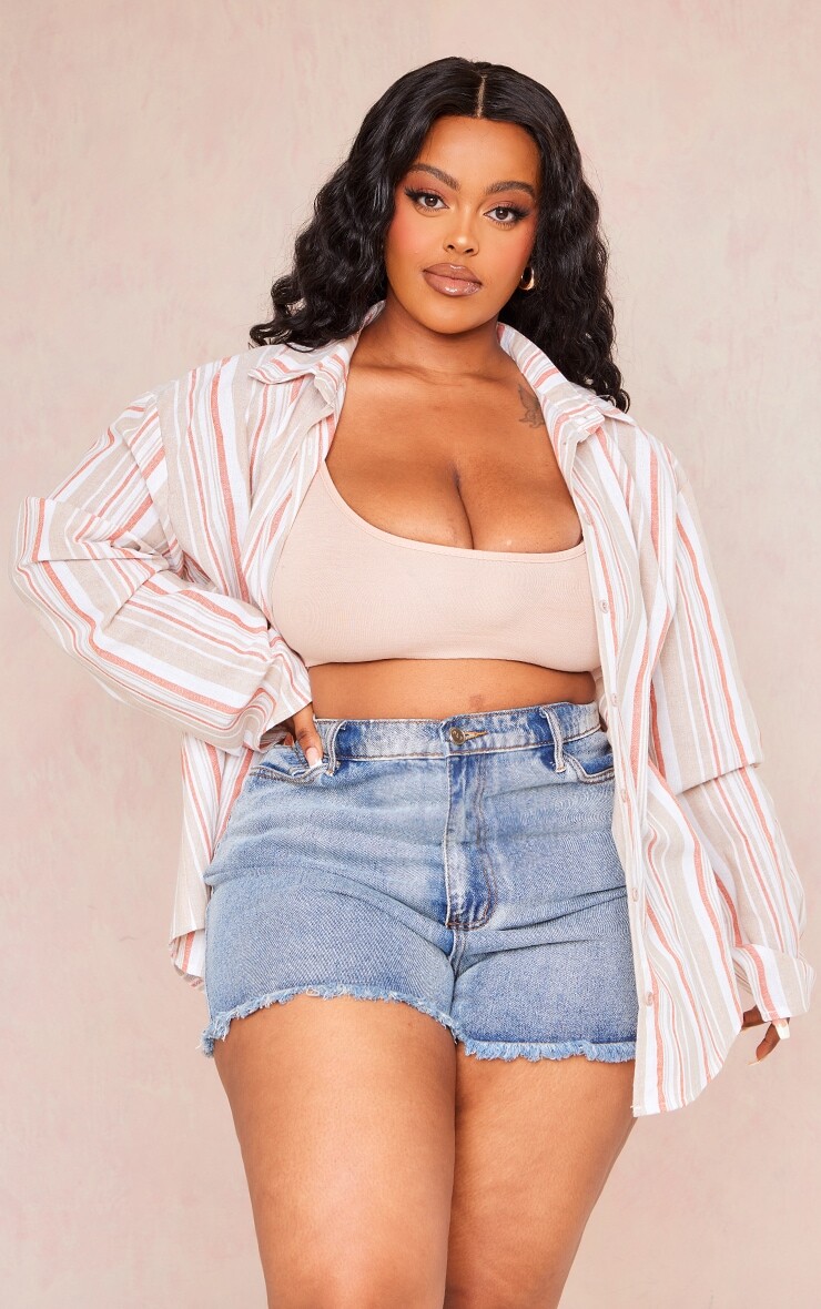 

PrettyLittleThing Рубашка оверсайз из льна в полоску Plus с каменной полоской