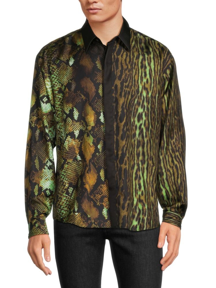 

Шелковая рубашка с животным принтом Roberto Cavalli, цвет Military