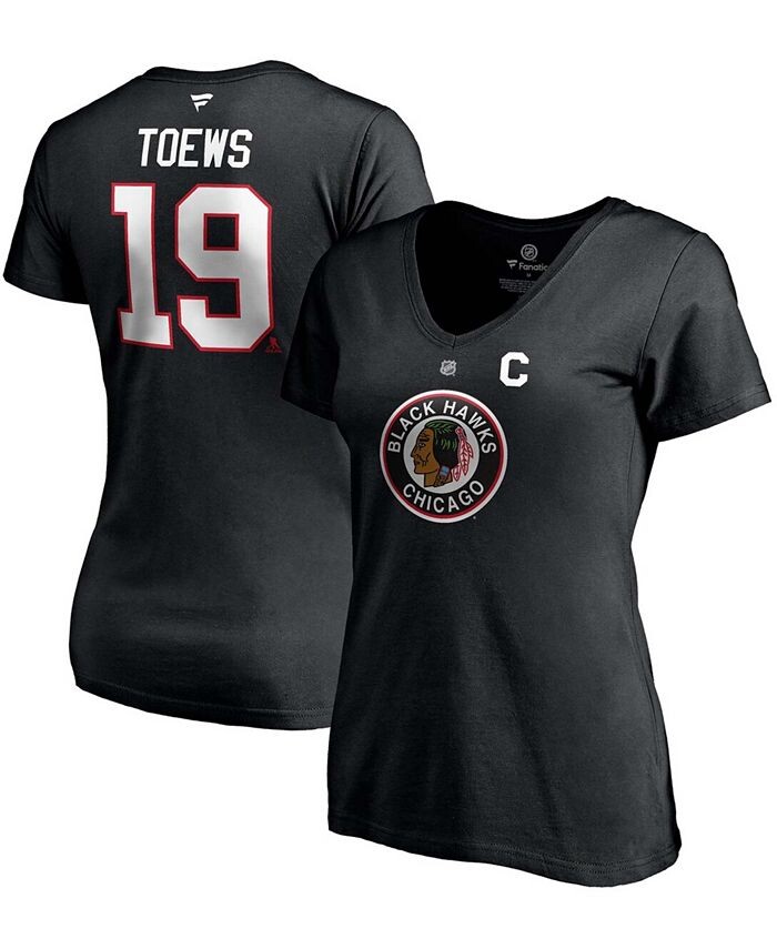 

Женская футболка Jonathan Toews Black Chicago Blackhawks 2020/21 Special Edition Authentic Stack Name Number с v-образным вырезом Fanatics, черный