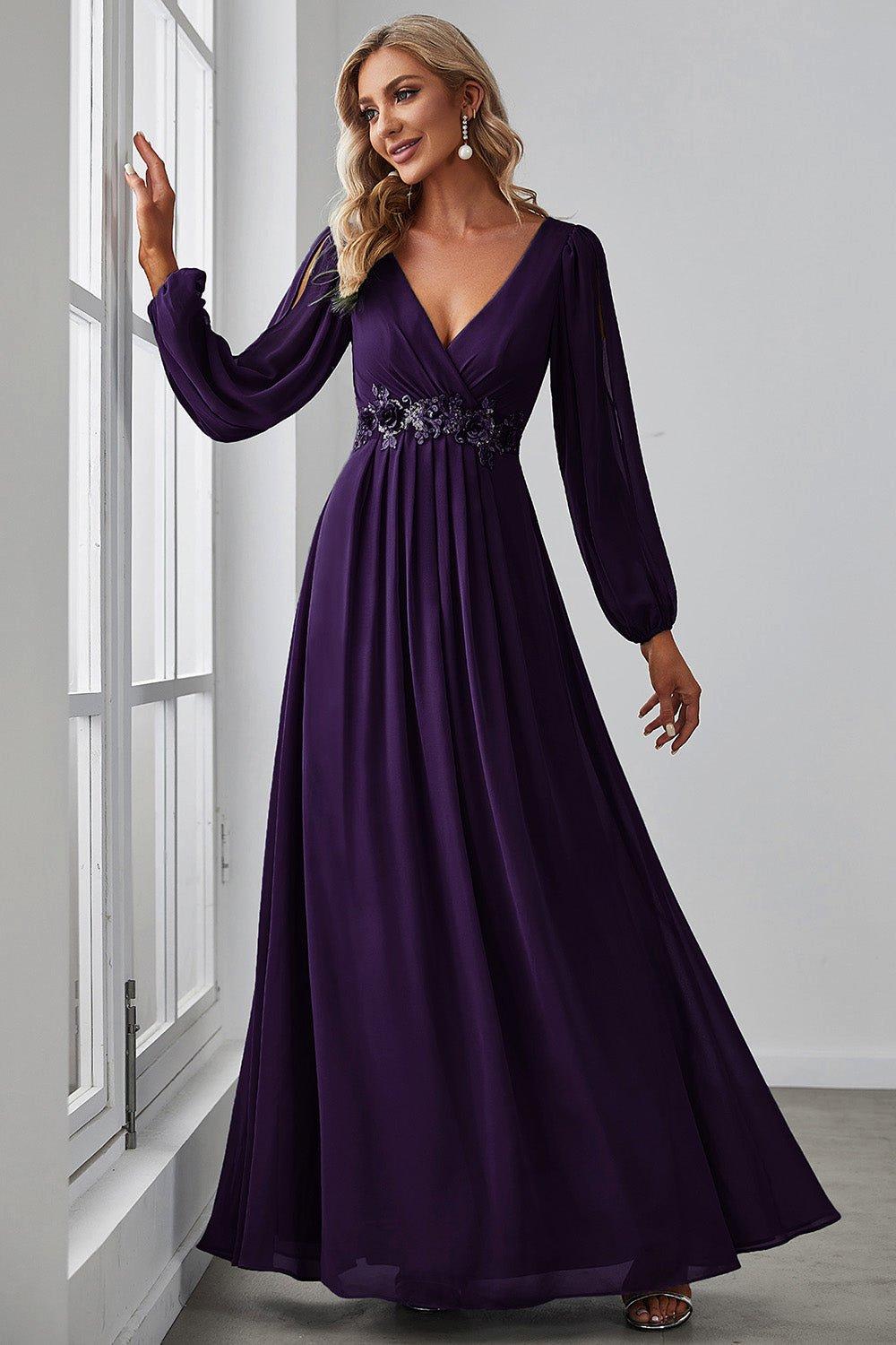 Вечернее платье макси с длинными рукавами-фонариками и глубоким V-образным вырезом и аппликацией Ever Pretty, фиолетовый