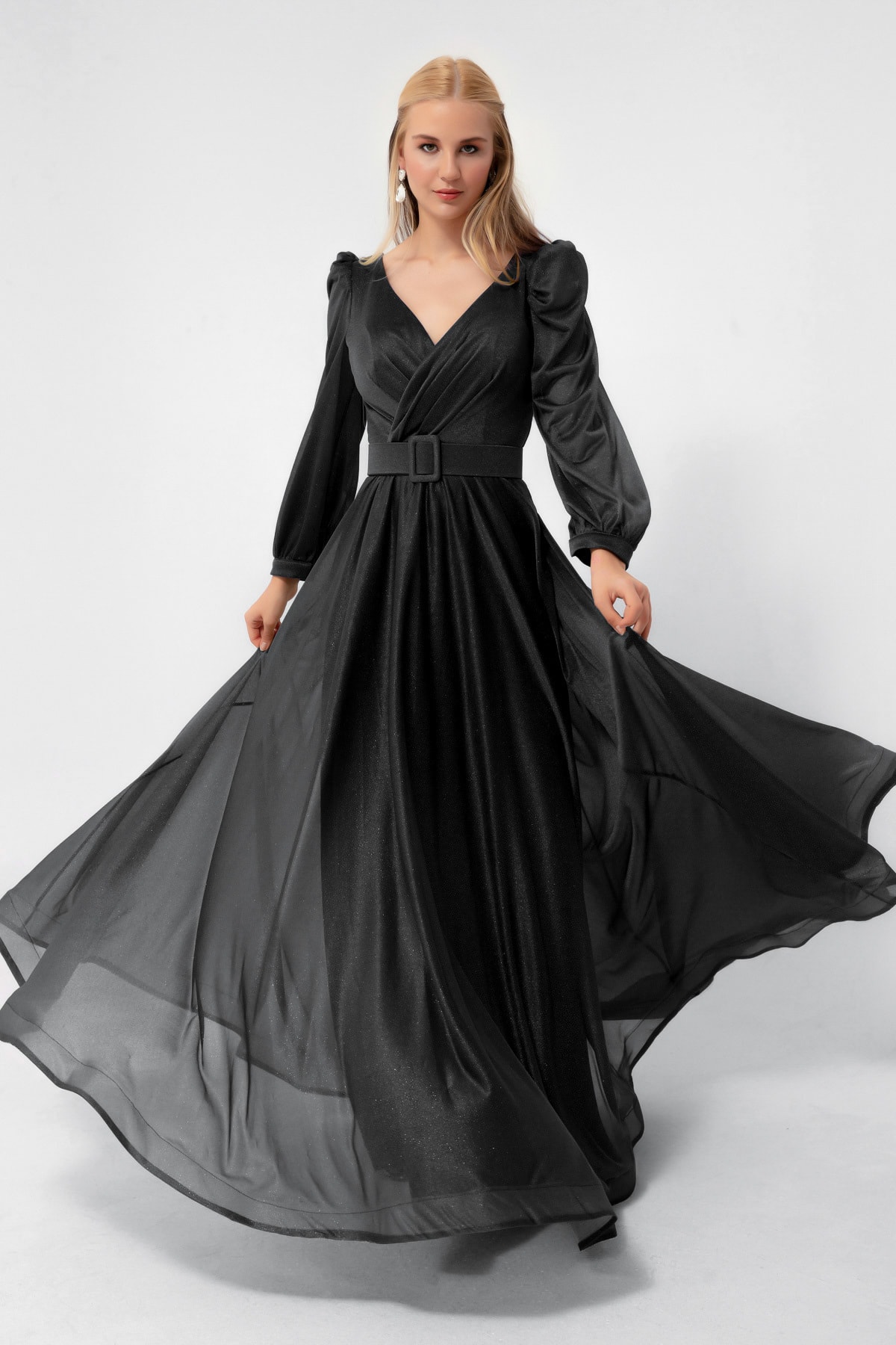 Женское черное серебристое длинное расклешенное вечернее платье с двубортным воротником Lafaba, черный