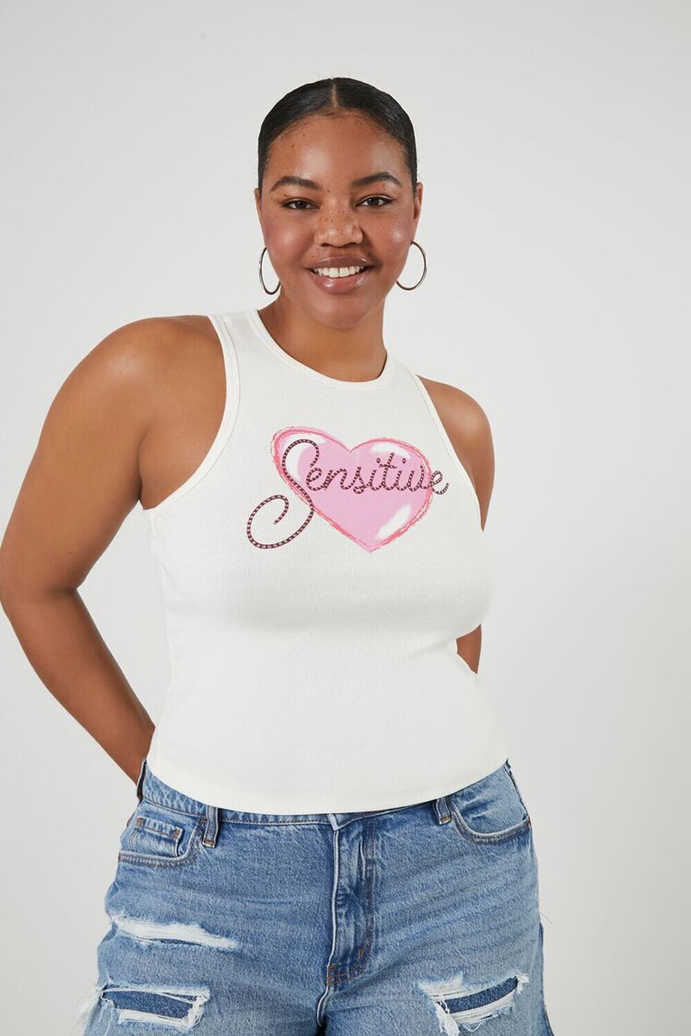 

Майка больших размеров со стразами Sensitive Forever 21, белый