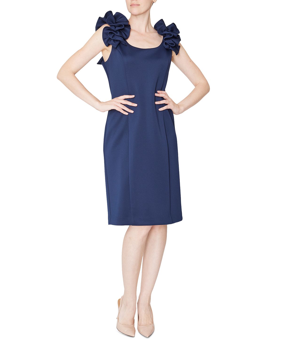 Женское платье без рукавов с рюшами на плечах Donna Ricco, темно-синий женское платье без рукавов с бантом на плечах hope