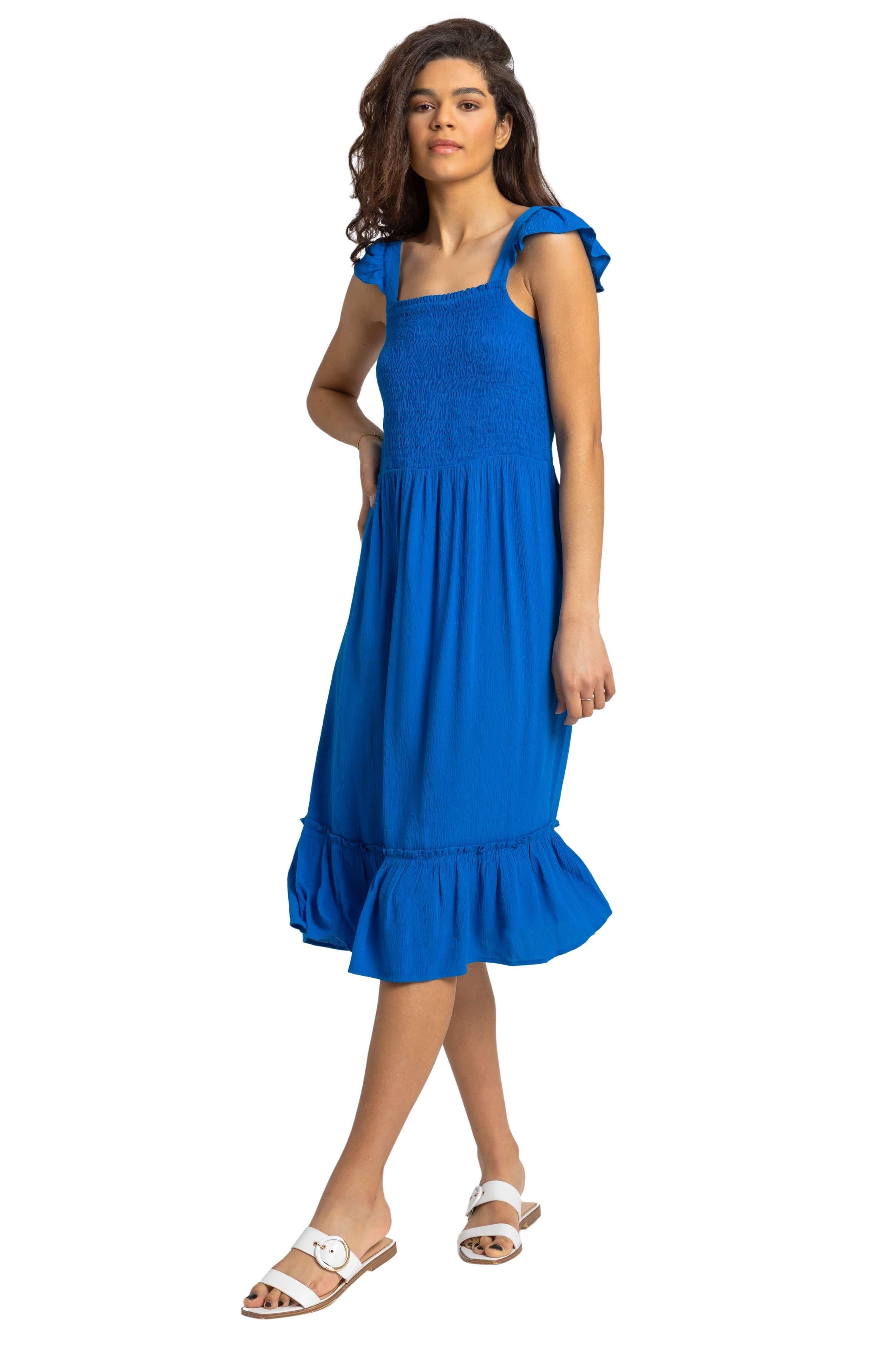Платье миди с присборенным лифом и оборками Roman, синий платье миди из фактурной ткани с декором