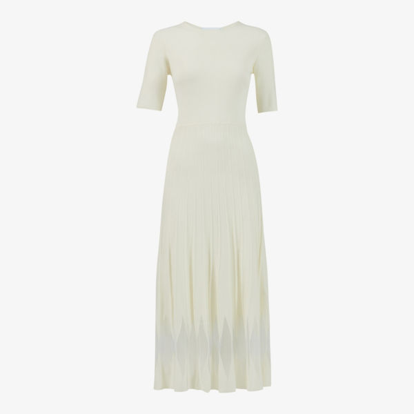 Трикотажное платье миди с плиссированной юбкой и круглым вырезом Leem, белый