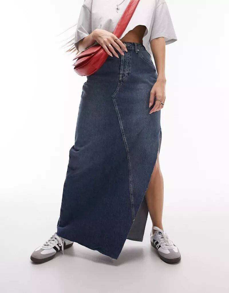 Джинсовая юбка макси Topshop цвета индиго с разрезом на бедрах черная юбка макси с разрезом на бедрах 4th