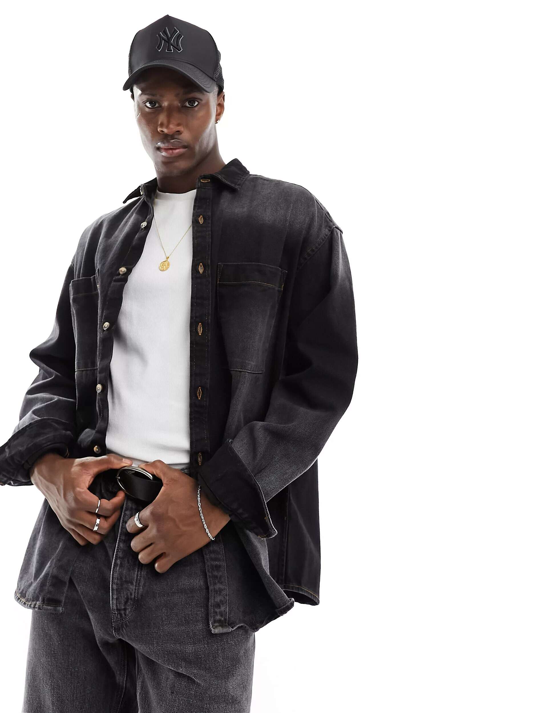 цена Черная рубашка оверсайз с накладными карманами в стиле 90-х годов ASOS