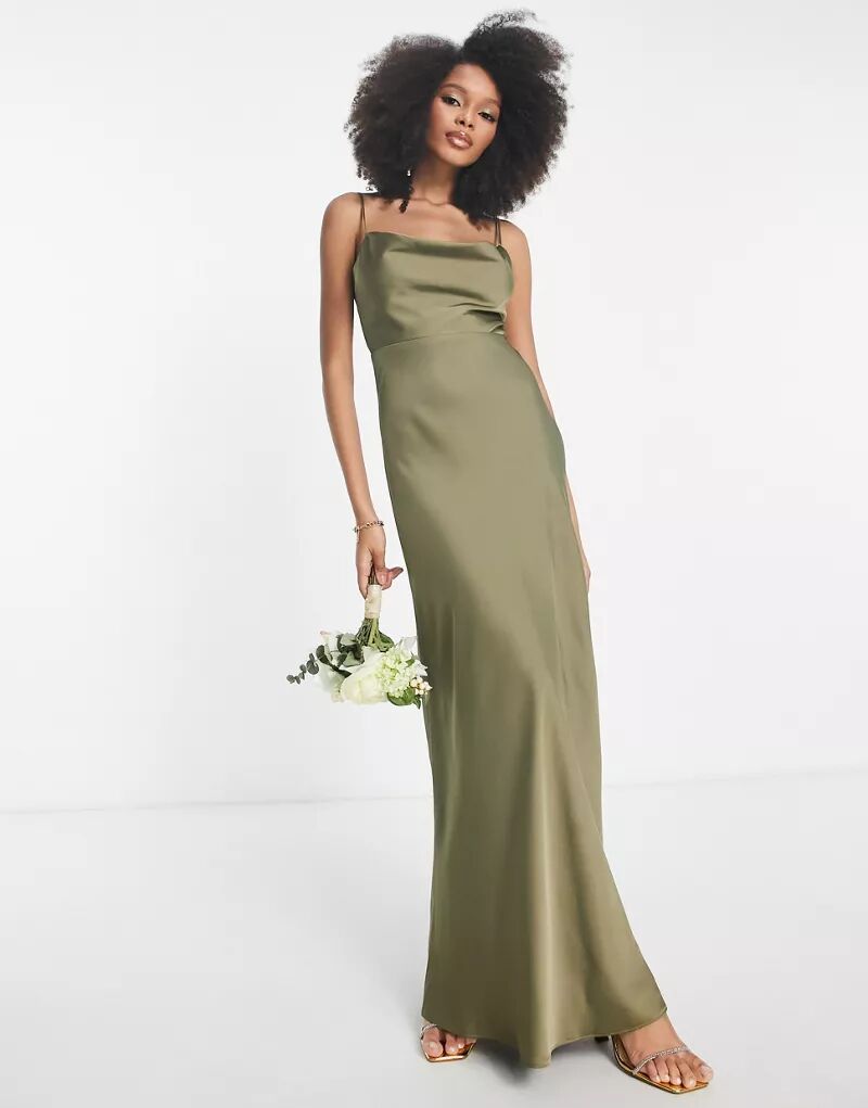 Атласное платье макси с воротником-хомутом и пышной юбкой ASOS EDITION оливково-зеленого цвета