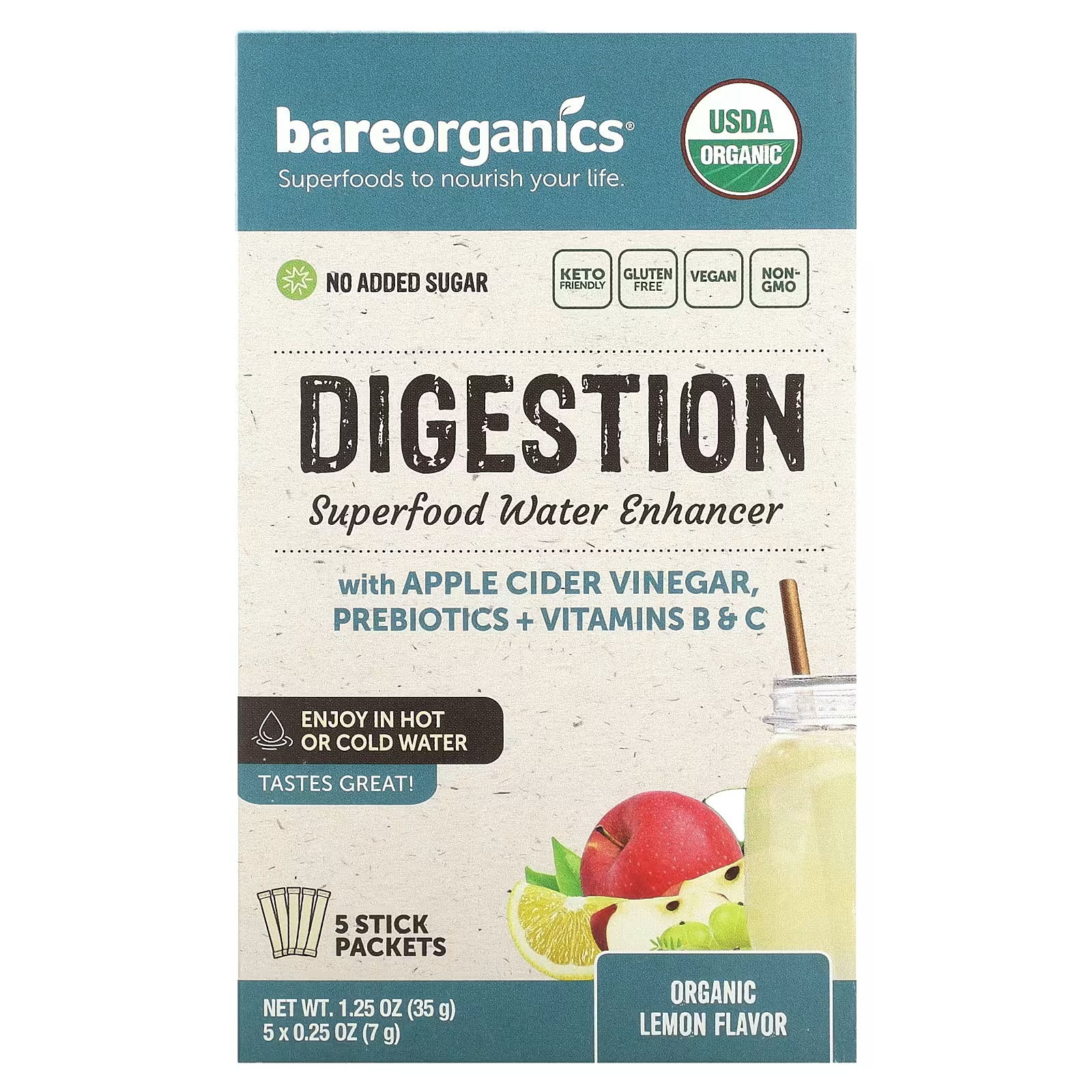 Средство BareOrganics Superfood Water Enhancer Organic Lemon для улучшения пищеварения, 5 пакетиков по 7 г