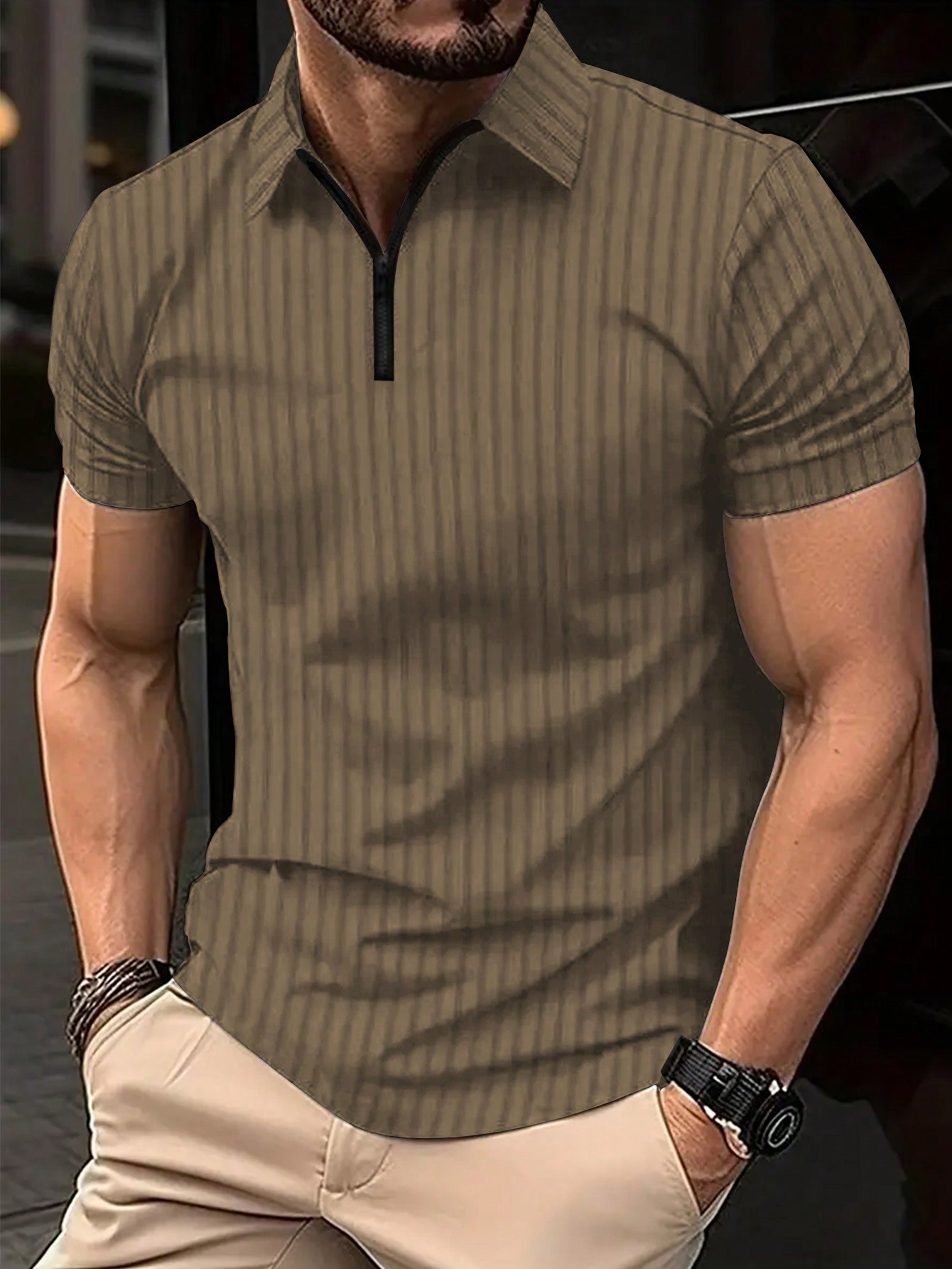 Мужская полосатая рубашка-поло с молнией до половины и короткими рукавами Manfinity Homme больших размеров, абрикос цена и фото