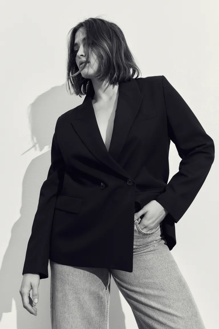 Двубортный пиджак H&M, черный женский двубортный твидовый блейзер za винтажный пиджак с длинными рукавами и карманами верхняя одежда осень