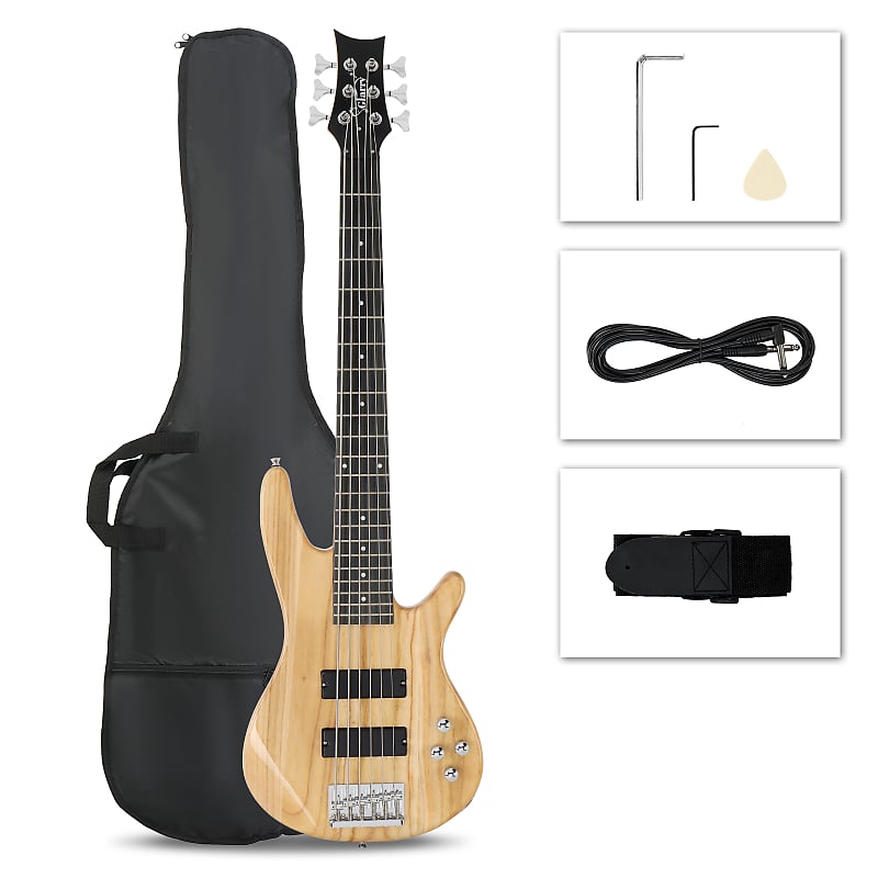 цена Басс гитара Glarry Full Size GIB 6 String H-H Pickup Electric Bass Guitar Bag Strap Pick Connector Wrench Tool 2020s - Burlywood