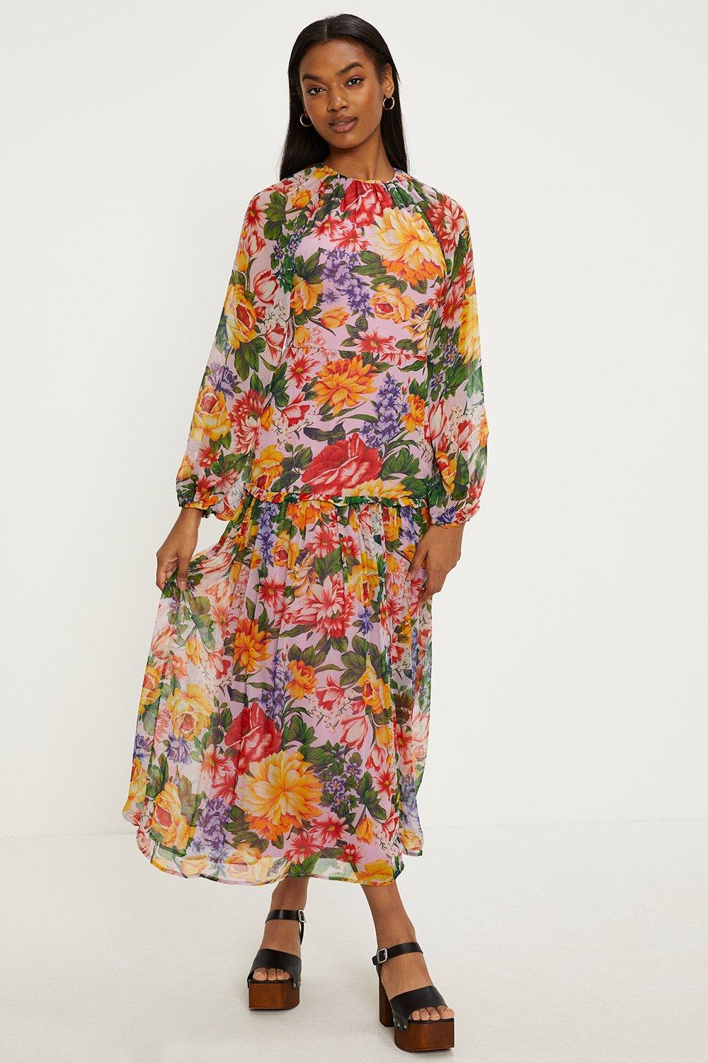 Шифоновое платье миди с цветочным принтом и завязкой на спине Oasis, розовый шифоновое платье миди с цветочным принтом длинным рукавом и оборками
