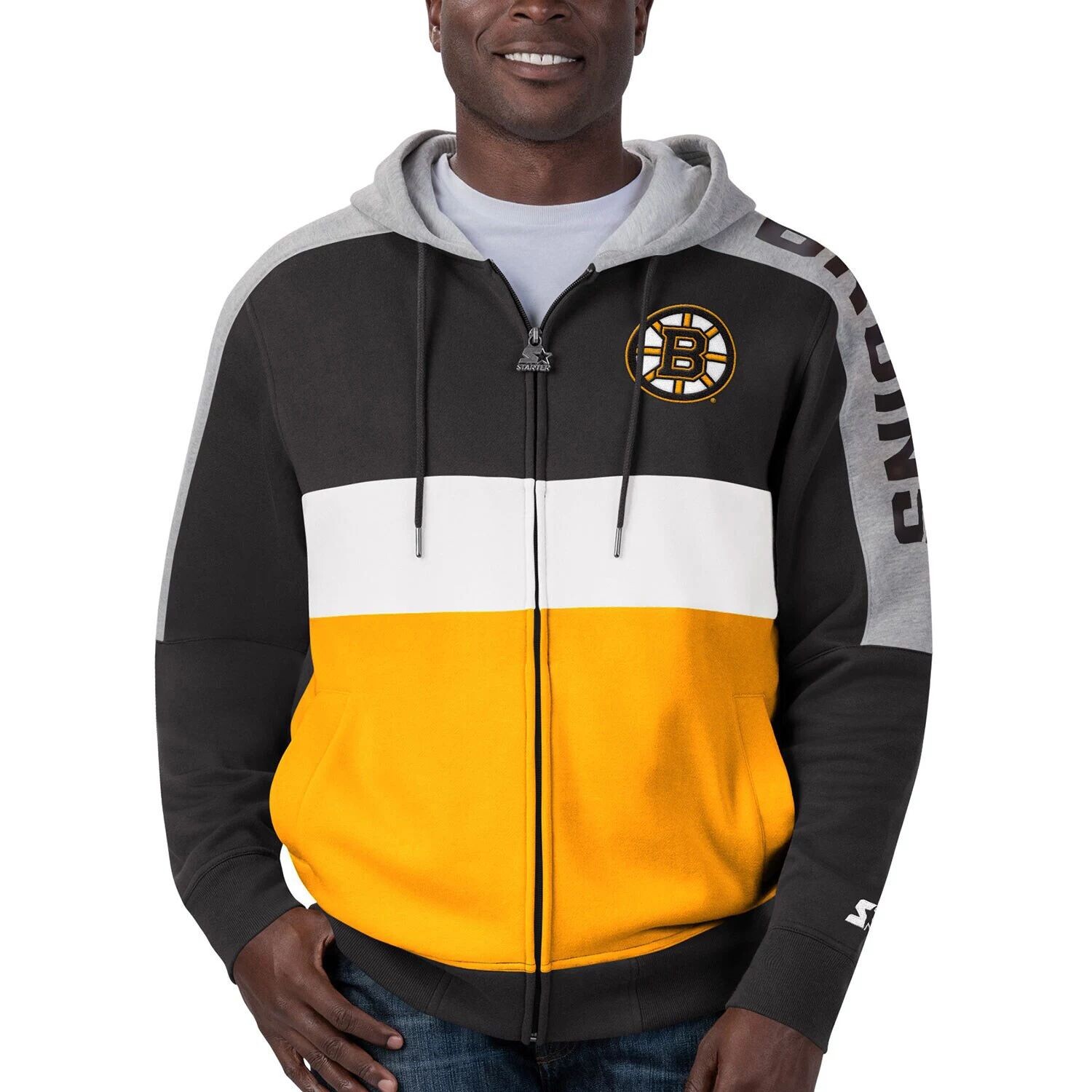 

Мужская базовая толстовка с молнией во всю длину, черно-золотая Boston Bruins Playoffs Color Block Starter, Черный