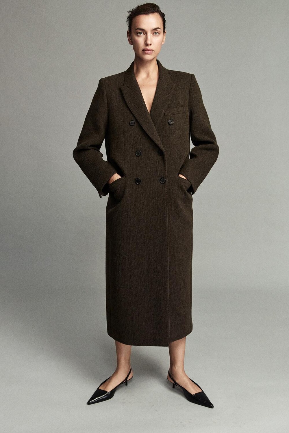 

Длинное шерстяное пальто ZARA, мох зеленый