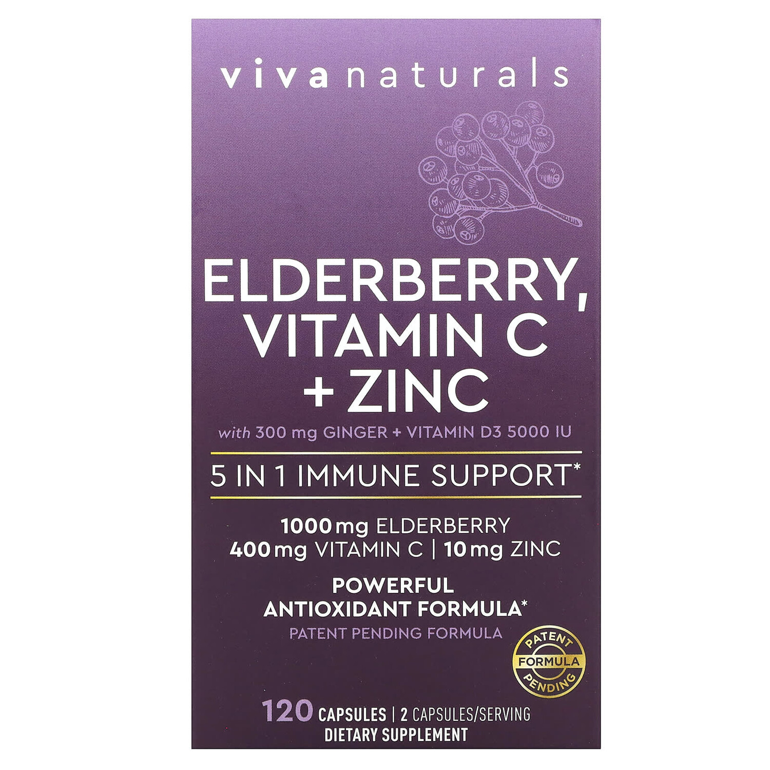 

Elderberry, витамин C и цинк, поддержка иммунитета 5 в 1, 120 капсул, Viva Naturals