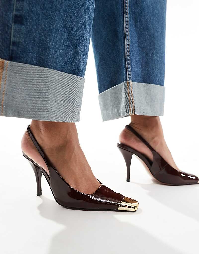 

ASOS DESIGN – Proud – Лакированные туфли на высоком каблуке шоколадного цвета с ремешком сзади и вырезом на носке