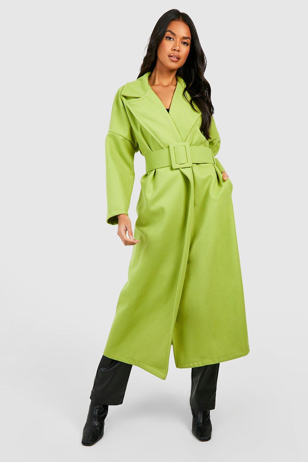 Шерстяное пальто оверсайз с поясом Boohoo, зеленый