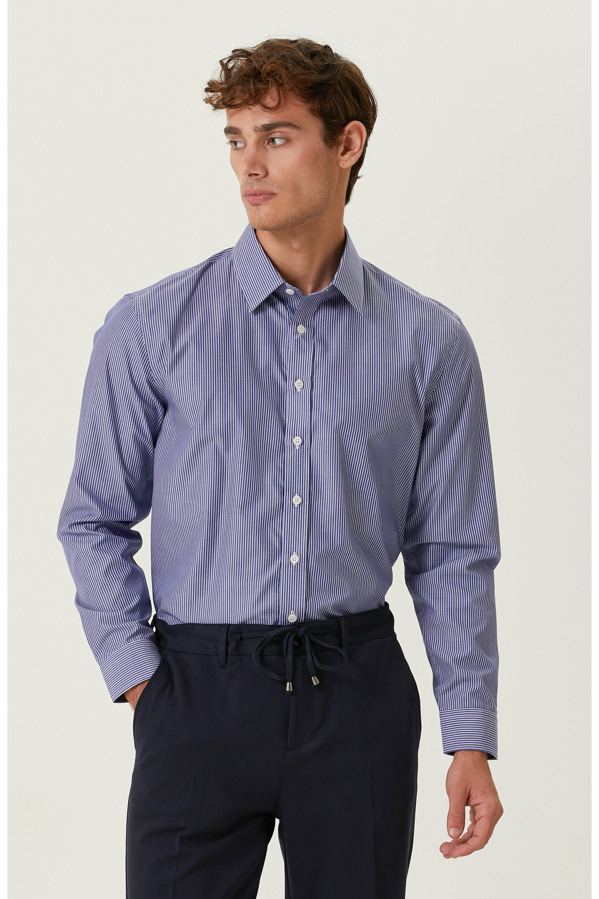 Хлопковая рубашка в сине-белую полоску без глажки Network, синий