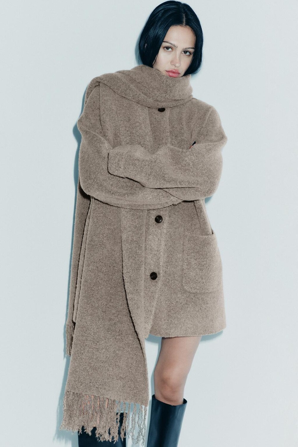 

Короткое трикотажное пальто с шарфом ZARA, норка мергель