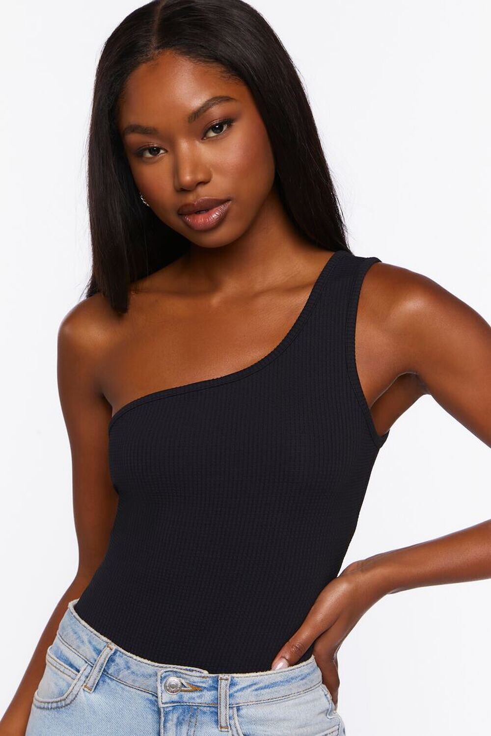 

Боди в рубчик на одно плечо Forever 21, черный