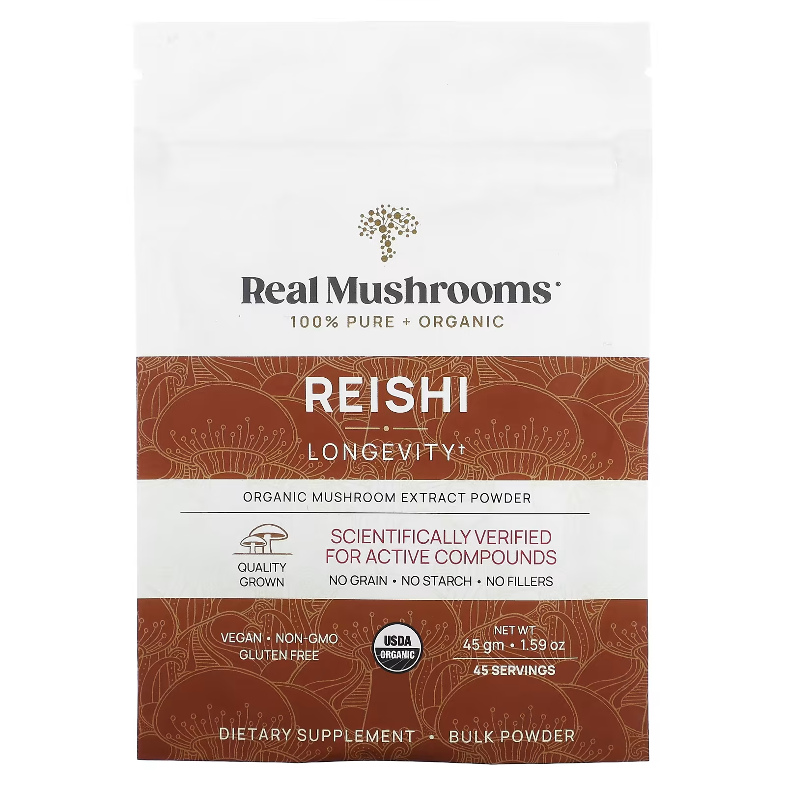 Порошок Real Mushrooms органического экстракта грибов рейши, 45 г
