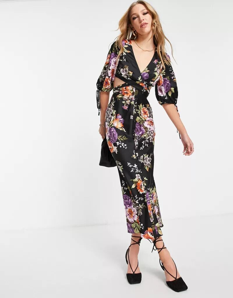 

Атласное платье миди ASOS со складками на талии, застежкой на пуговицы и цветочным принтом