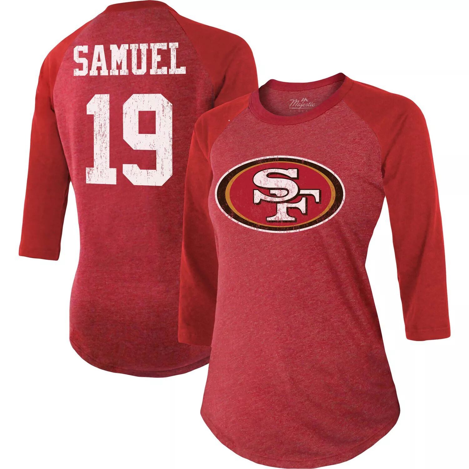 

Женская футболка Majestic Threads Deebo Samuel Scarlet San Francisco 49ers, имя и номер игрока, футболка Tri-Blend с рукавами 3/4 Majestic