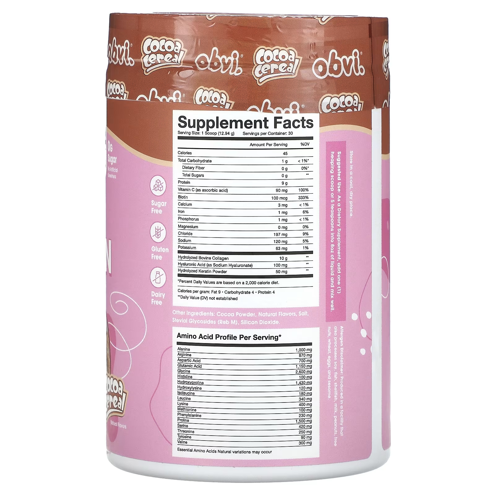 Пищевая добавка с коллагеном Obvi More Than Collagen All-In-One Beauty Nutrition Powder Cocoa Cereal, 388 г codeage витамины для волос биотин коллаген кератин 120 капсул